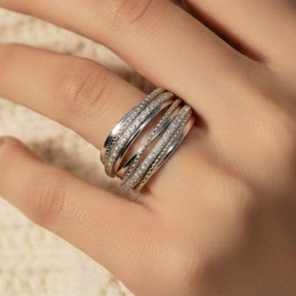 Size 6 Silver Plated Multi Band Zircon Ring Textured Stacked Look NWOT